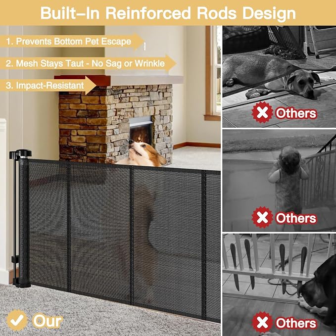 Reinforced 28" Tall x 100" Wide Retractable Baby Gates Extra Wide Dog Gate - Easy Step Over, Long Baby Gate Retractable Dog Gate Indoor Safety Gates Outdoor Gates for Decks with Support Rods, Black