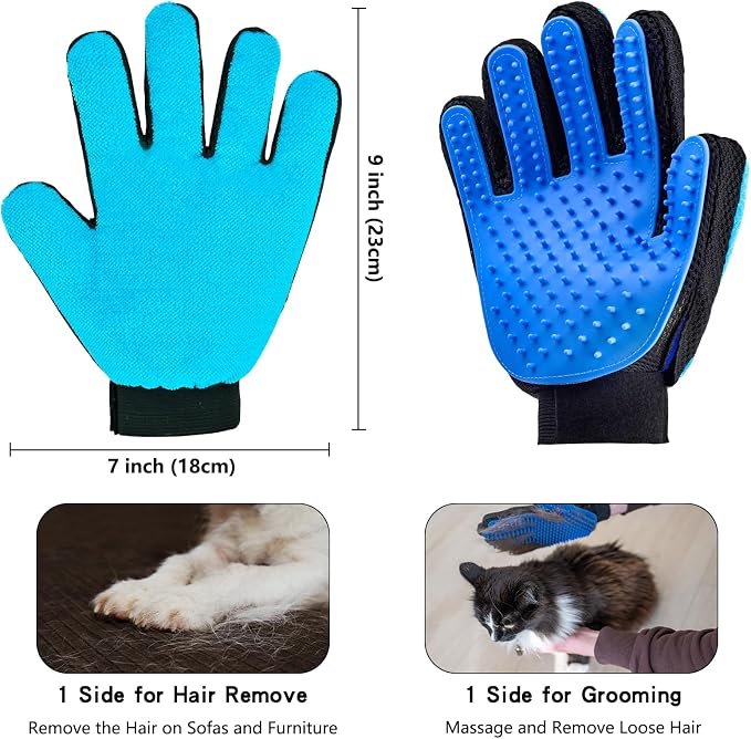 VCZONE 2 in 1 Cat Grooming Glove, Double-Sided Use Pet Hair Remover Glove, 1 Side is Gentle Grooming for Dogs, Cats, the Other is Effective Hair Remover for Furniture, Clothing (Blue, Right-Hand)