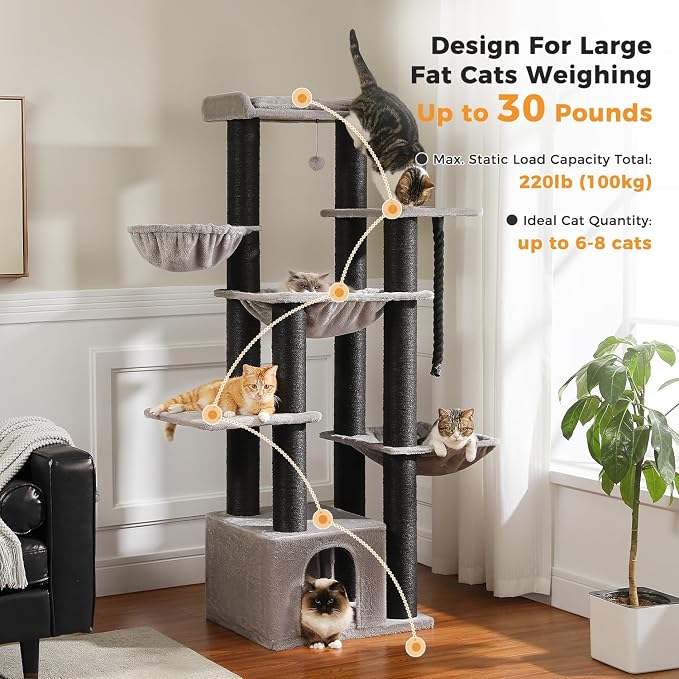 67" Cat Tree with 13 Thick Posts & 3 Hammocks, Maine Coon, Gray | 13 thick 4.3in sisal posts, XXL cozy cat condo, Extra large top perch, 3 spacious hammocks, Supports Maine Coon 20 lbs