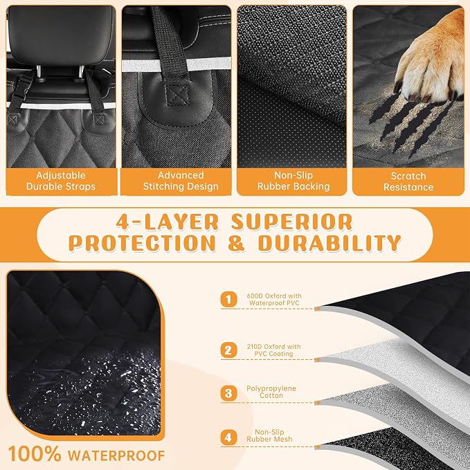 Dog Car Seat Cover for Back Seat 100% Waterproof, Long-Lasting and Soft Nonslip Backseat Cover for Cars, SUVs and Trucks, 600D Oxford Fabric, Black-White, Standard (54" W x 59" L)