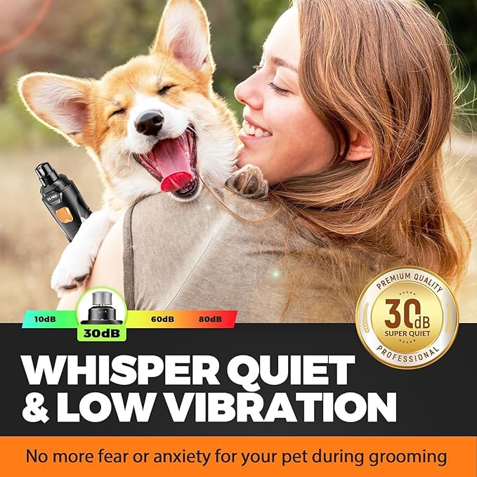 Whisper Quiet Dog Nail Grinder Safe & Stress-Free for Sensitive Dogs Cats | 4 LED Lights,3 Grinding Bits, 3-Speed, Pet Nail Trimmers, Rechargeable Painless Grooming Kit for All Breeds & Sizes