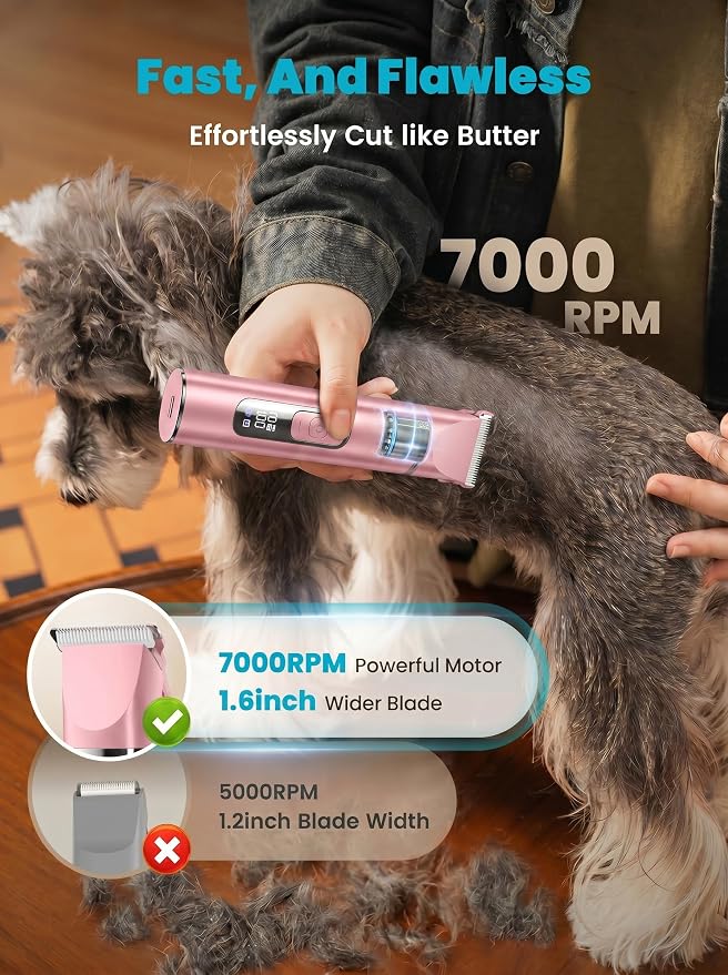 oneisall 4 in 1 Dog Grooming Kit with LCD Display Pink | Paw Hair Trimmer & Nail Grinder, Rechargeable, Cordless, Low Noise, IPX7 Waterproof, 3 Speeds Pet Grooming Clippers