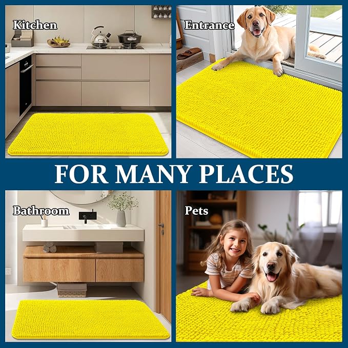 OLANLY Dog Door Mat for Muddy Paws 36x24, Super Absorbent Chenille Mud Mat | Lemon Yellow, Absorbs Moisture and Dirt, Non-Slip Machine Washable Doormat, Quick-Dry Indoor Entryway Floor Carpet for Dogs