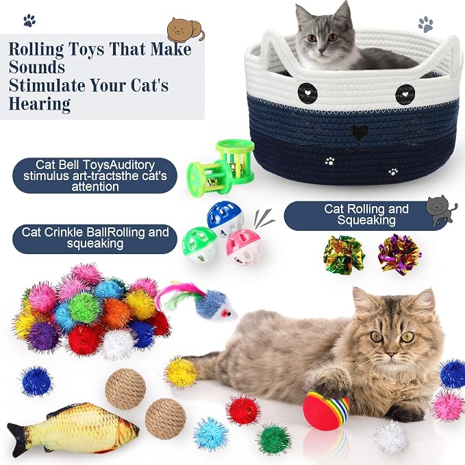 Zopeal 76 Pcs Cat Storage Basket Gift Toys Set Interactive Cat Toys Kitten Wand Colorful Flashing Balls Pet Crinkle Balls Attract Kitten to Swat, Hunt for Pet Indoor(Blue)