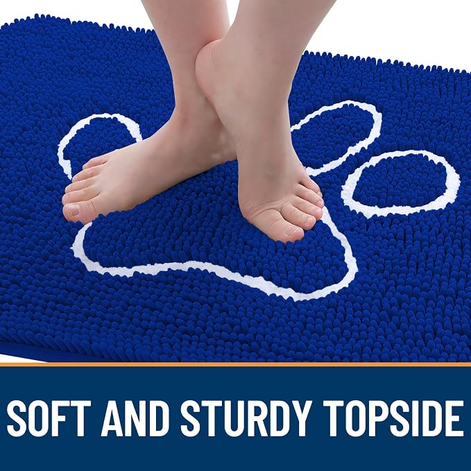 OLANLY Dog Door Mat for Muddy Paws 36x24, Paw Print Design Chenille Mud Mat | Royal Blue, Absorbent, Traps Moisture and Dirt, Non-Slip Washable Doormat, Quick-Drying Indoor Entryway Floor Carpet for Dogs