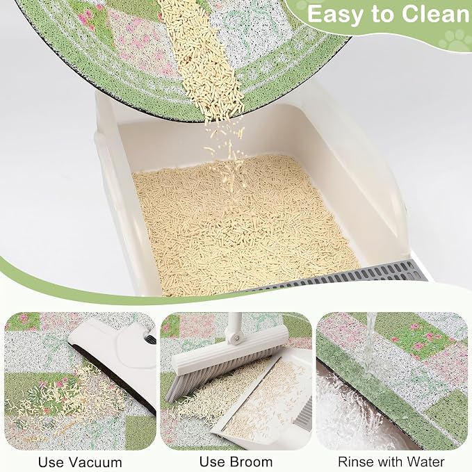Bienbee Cat Litter Mat, 24" x 15" Litter Box Mat Rug with Non-Slip Bottom,Urine and Water Proof, Easy to Clean Cat Supplies Essentials for Indoor Kitty Kitten Floor, Green Floral Knot M