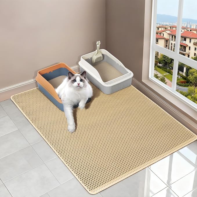 Cat Litter Mat XL 28"x47", Litter Mats Extra Large Easy Clean, Less Mess | EVA Double-Layer Honeycomb Litter Trapping Mat, Anti-Scatter Anti-Tracking Cat Mat, Waterproof, Rinse or Vacuum(Khaki)