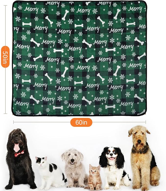 Waterproof Dog Blankets Pet Blanket 50"x60", Soft Fluffy Sofa Car Bed Protector, Reversible Sherpa Fleece Dog Blanket for Large Dogs Christmas Decor(Christmas Green)