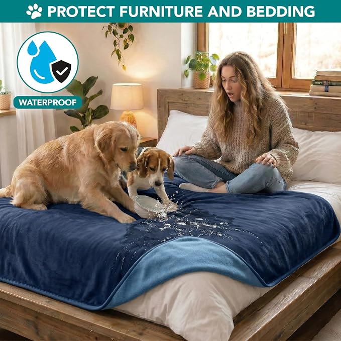 PetAmi Waterproof Dog Blanket for Couch, Pee Proof Reversible Cat Blanket for Sofa Bed Furniture Protector, Soft Fleece Washable Pet Throw for Dogs Cats Puppies Kittens, 60x80 Navy Blue