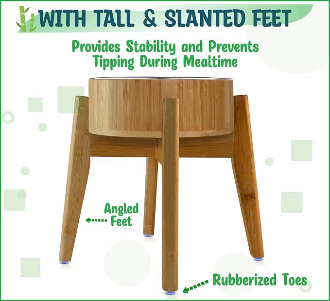 Dog Bowls Elevated, Food Water Bowl for Large Dogs - 15-Inch High - 74oz | Raised Dog Bowl Stand, Stainless Steel and Bamboo, Tipover-Resistant Tall 4 Feet, Doesn't Rust Sag or Bend
