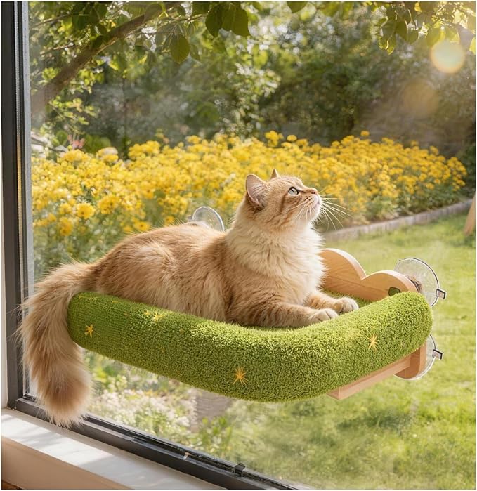 Cat Window Perch,Soft Cushion with Five Powerful Suction Cups,Green | Rubber wood material,Five Powerful Suction Cups,Hand-Embroidered Details,Solid Wood Base
