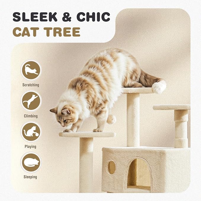 54 Inch Cat Tree Tower with Natural Sisal Scratching Post | Multi-Level Cat Climbing Tower with Hammock, Pet Condo for Indoor Cats and Kittens, Beige