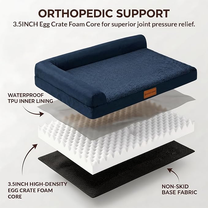 Patas Lague Orthopedic Large Dog Bed Washable Pet Sofa Bed 48X30 Navy Blue | 2-Sided Bolster Egg-Crate Foam Dog Couch Large Sized Dogs, Waterproof Removable Washable Cover, Nonskid Bottom Pet Crate Mat