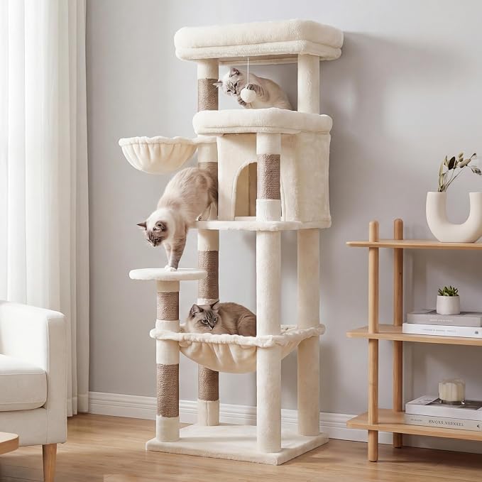 Heybly Cat Tree, 56" Multi-Level Easy Climb Tower for Large Cats HCT028MJ | Cat Furniture with 2 Perches, Cozy Hammock, Spacious Condo & Cat Basket, Durable Sisal Scratching Posts, Beige
