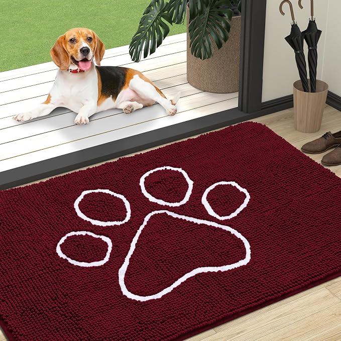 OLANLY Dog Door Mat for Muddy Paws 47x32, Paw Print Design Chenille Mud Mat | Burgundy, Absorbent, Traps Moisture and Dirt, Non-Slip Washable Doormat, Quick-Drying Indoor Entryway Floor Carpet for Dogs