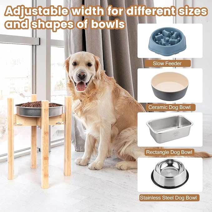 Elevated Dog Bowl Stand Adjustable Dog Food Holder 14”H Large Bamboo | 14” Elevated Dog Bowl Stand, Large Dogs, Adjustable, Fits 8”-11” Bowls, Single Bowl Holder, Natural Bamboo, Classic