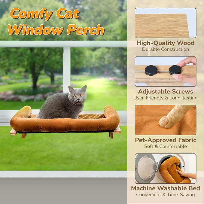 [Ready to Gift] PURRHOUSE 45LBS Cat Window Perch with Bolster, Hammock Seat with Plywood & Metal Frame, Cat Bed for Windowsill, Bedside and Cabinet (Natural Wood & Brown Cushion, 24.8''W x 9.4''H)