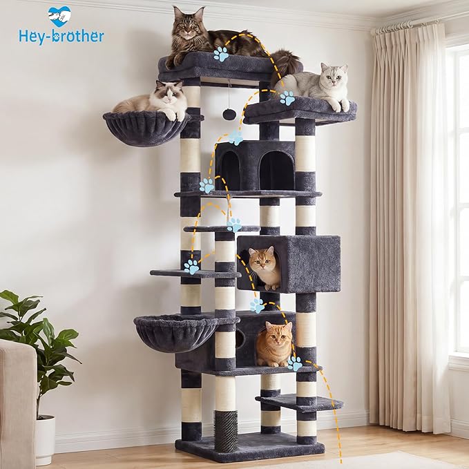 Hey-brother Cat Tree, Multi-Level Tower with 3 Condos, Hairbrush, MPJ035-MG | 74 Inches XL Large Scratching Posts for Indoor Cats and Kittens, 2 Wide Platforms, 2 Plush Baskets, Toy Balls, Smoky Gray