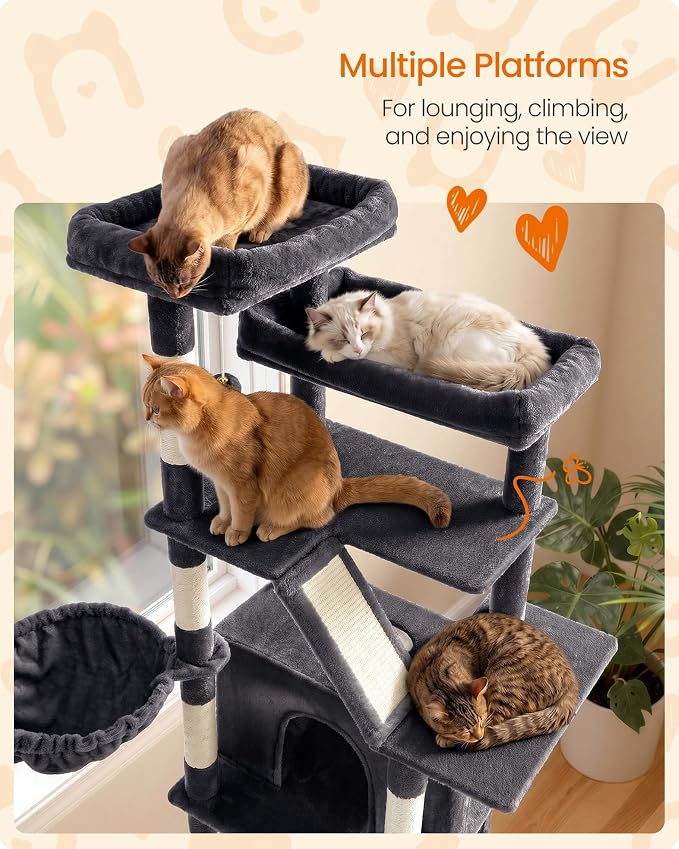 Feandrea 72.6-Inch Tall Cat Tree Tower for Indoor Extra Large Cats, Scratching Posts, Scratching Boards, Multi-Level Design, Dark Gray UPCT014G201S