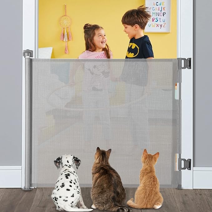Retractable Baby Gate for Stairs & Doorways, 33" Tall Extends to 55" Wide | Extra Wide Safety Kid Pet Gate, Mesh Dog Gate for Indoor, Outdoor, Hallways One-Handed Operation, Easy Install(33”x55”- Grey)