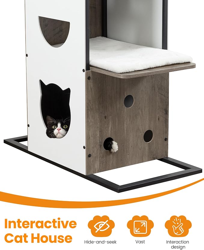 Wood Modern Cat Tree Tower, 84 Inch XL Tall Indoor Large Cat Condo | Heavy Duty XL Stable Wooden Cat Condo House Furniture with Multi-Level Spacious Perch Scratching Board Soft Washable Pads