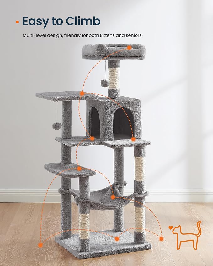 SONGMICS HOME Cat Tree for Indoor Cats, Multi-Level Cat Tower with Sisal Scratching Posts, Hammock and Condo, Light Gray