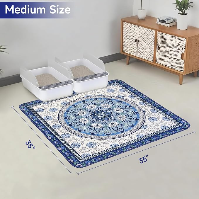 Cat Litter Mat, Reusable Kitty Litter Trapping Mat 2 PCs, 35"x35" Washable Litter Mats for Cats, Waterproof & Non-Slip Compatible with Cat Box (Indigo Blue Medallion, 35"x35"(2 PCS))