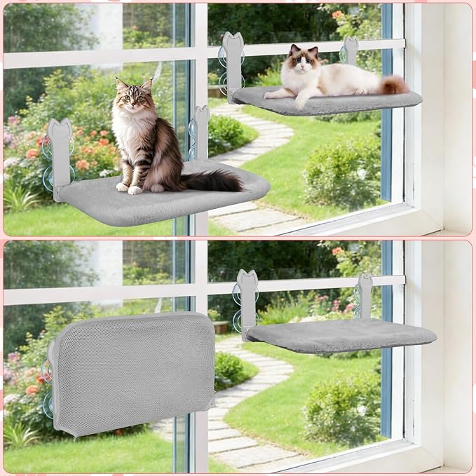 2 Pack Large Size Cat Window Perch,Cat Window Hammock Cordless Foldable Window Bed with 4 Large Strong Suction Cup,Reversible Cushion Cover,Metal Frame Easy to Adjust Window Seat (Gray,L)