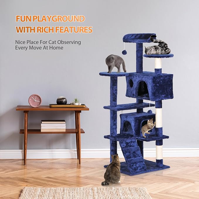 ZENY 53 inches Cat Tree with Sisal-Covered Scratching Posts and 2 Plush Rooms Cat Furniture for Kittens (Navy Blue)