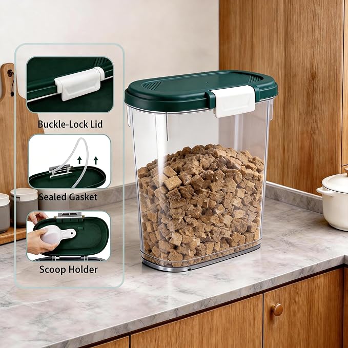 Airtight Dog Cat Food Storage Container 10 Lbs, Slim Tall Pet Food Bin | Pet Food Treat Container with Lid, Scoop and Cup, Clear Plastic Dry Food Storage Bin for Dog, Cat, Bird Seed, Kibble, Pellet