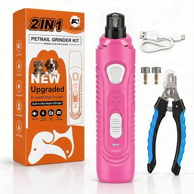 Pet Nail Grinder for Dogs and Cats, 2-Speed Electric Dog Nail Trimmer, Extral Steel Pet Nail Clipper, Rechargeable 2000mAh Nail Grinder for Small Medium Large Dogs with 2 LED Lights, Pink