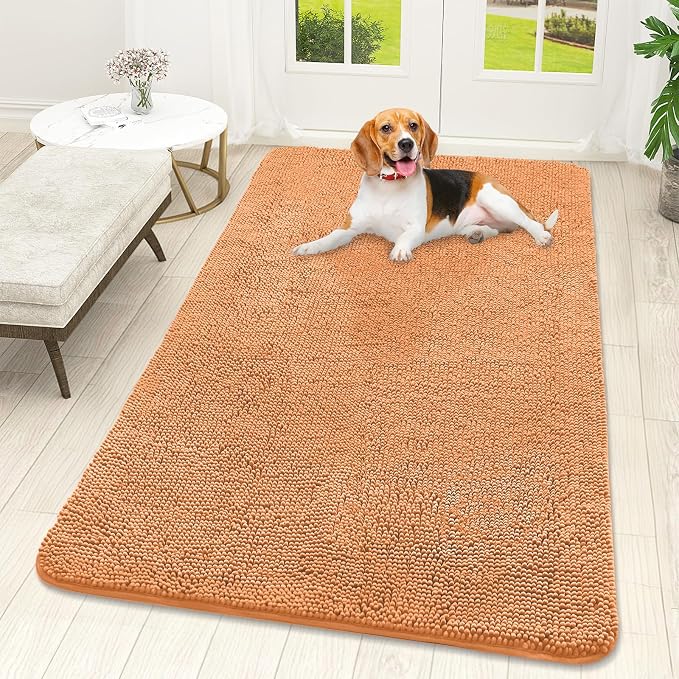 OLANLY Dog Door Mat for Muddy Paws 59x32, Super Absorbent Chenille Mud Mat | Orange, Absorbs Moisture and Dirt, Non-Slip Machine Washable Doormat, Quick-Drying Indoor Entryway Floor Carpet for Dogs