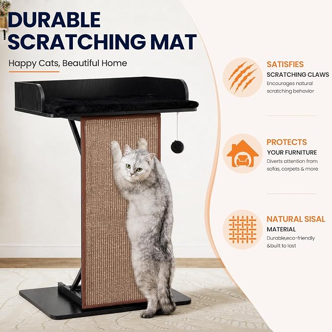 Modern Wood Cat Tree Tower for Indoor Large Adult Cats with Big Perch Bed | 33.8in Tall Wooden Cat Trees with Platform, Cat Scratching Pads, Washable Cushions, Cat Furniture for Window, Rustic Black