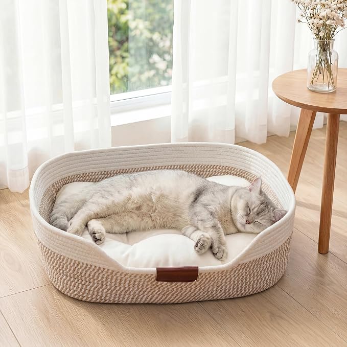 YOUDENOVA Cat Bed Basket with Removable Cushion,Stimulicat Handwoven Cat&Dog Basket,Cat Beds for Indoor Cats Couch, Kitten Bed for Medium and Large Cat, All Season Universal