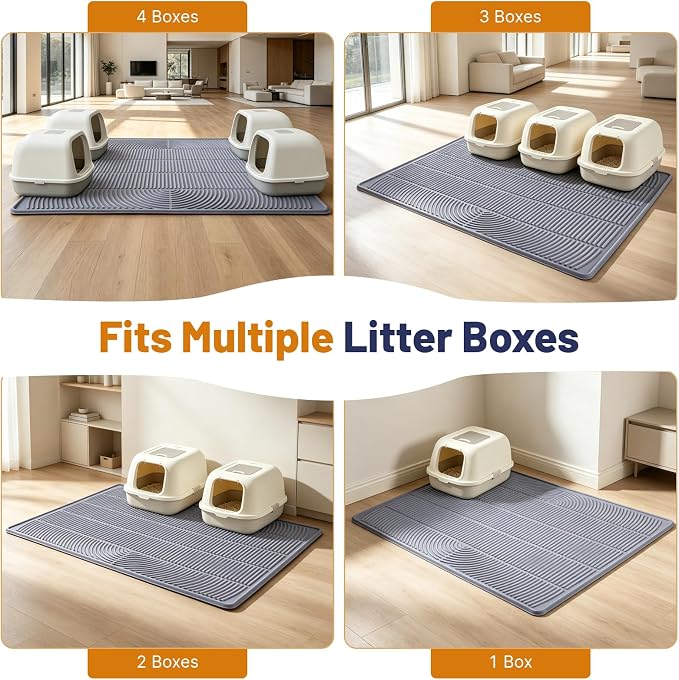 Cat Litter Mat, XL 46x35in Waterproof Silicone Litter Box Mat, Grey | XXL Cat Mat Fits 2-4 Litter Boxes, Litter Trapping Mat with Raised Edges & Textured Surface, Non-Slip Bottom, Easy Clean
