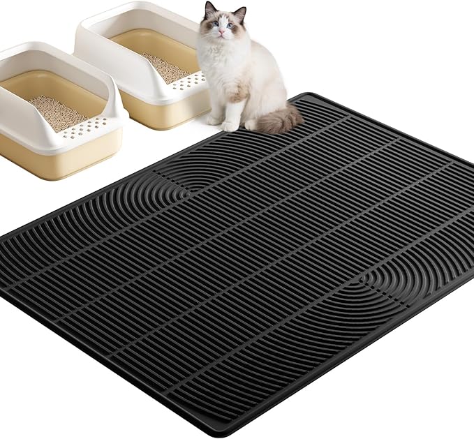 TRZZ XXL Cat Litter Mat, Large Silicone Waterproof Mat, Black | Non-Slip, Easy to Clean, Cat Litter Trapping Mat, Kitty Litter Catcher, Scatter Control, for Floor
