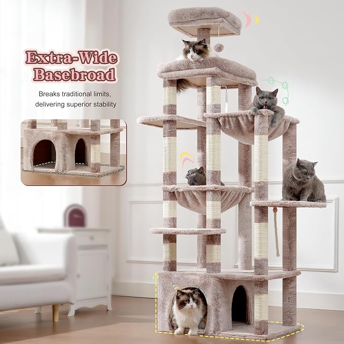 Heybly Cat Tree, 71-Inch Tall Cat Tower for Large Maine Coon Cats HCT037MU | Cat Condo Furniture with Extra-Large Baseboard, Multi-Level Platforms, 2 Hammocks and 12 Scratching Posts, Rosy Brown