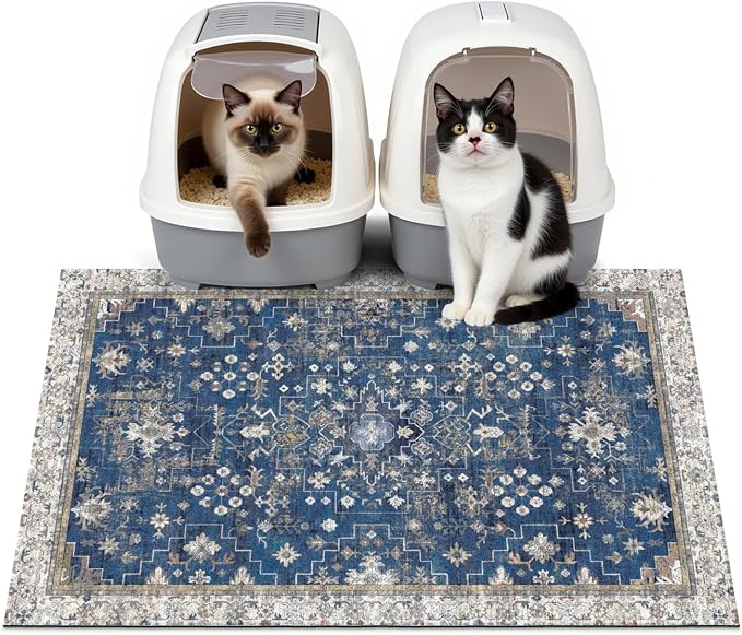 Cat Litter Mat Litter Trapping Mat, 33"x22" Waterproof Urine Proof Litter Box Mat Catcher Mat Non-Slip Washable for Kitty Kitten, Navy