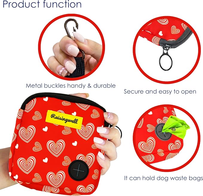 Raisingwell Dog Treat Pouch for Pet Walking and Training with Clicker Poop Bags Small Fanny Zipper Pack Holder for Puppy Snack Dispenser Kit for Leash and Outdoor Use (Valentine)