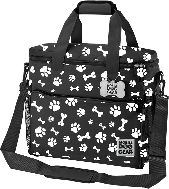 Week Away Dog Travel Bag (15"x7"x14", Paw Print) - Includes 2 Pet Food Storage Containers + 2 Collapsible Dog Water Bowls - Airline Approved Travel Accessories, Great for Weekend Trips