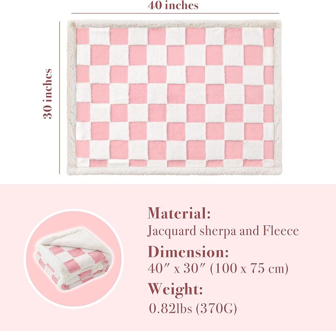 Ohocut Checkered Dog Blanket, Pink Jacquard Sherpa Blankets for Small Dog and Cats, Cute Girly Women Aesthetic Style Fluffy Fleece Pets Blanket for Couch Protection Washable, 30"x40"