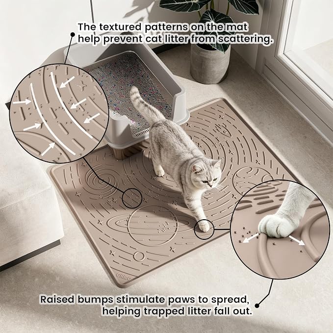 OHMO Cat Litter Mat Large Litter Box Mat, 31.5x23.6 Beige, Premium BPA-Free Silicone Rubber Kitty Litter Mat for Litter Box, High Edge Scatter Control Non-Slip Waterproof Litter Trapping Mat