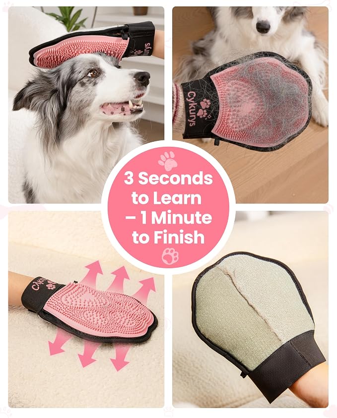 Pet Hair Removal Glove for Dogs & Cats, Double-Sided Grooming Glove | 2-in-1 Pet Grooming Tool, Electrostatic Hair Remover for Clothes & Furniture + Silicone Brush for Deshedding Pets，Pink