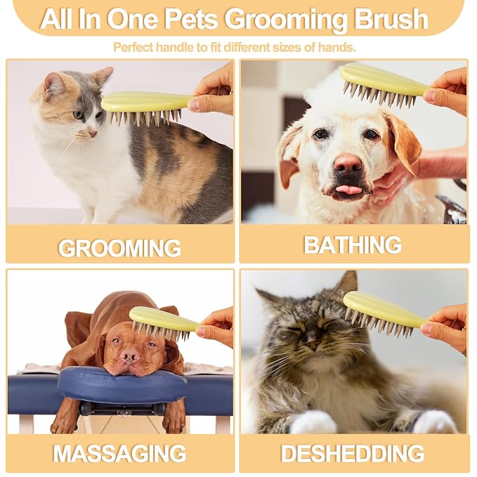 Pet Silicone Shampoo Brush for Long Short Hair Dogs Cats Washing, Dog Washing Brush with Handle for Bathing, Massaging, Hair Removal, on Wet or Dry Hair (Yellow)