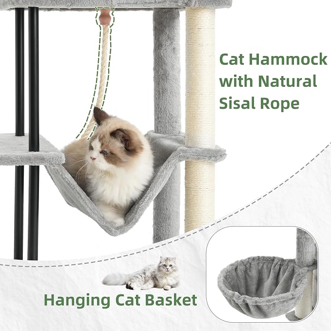 Cat Tree, 43.3'' Cat Tower with Hammock for Kittens GCT004SW | Cat Condo House for Small Indoor Cats, Basket, Scratching Post, Large Platform, Sturdy Steel Tube, Sisal Rope, Light Gray