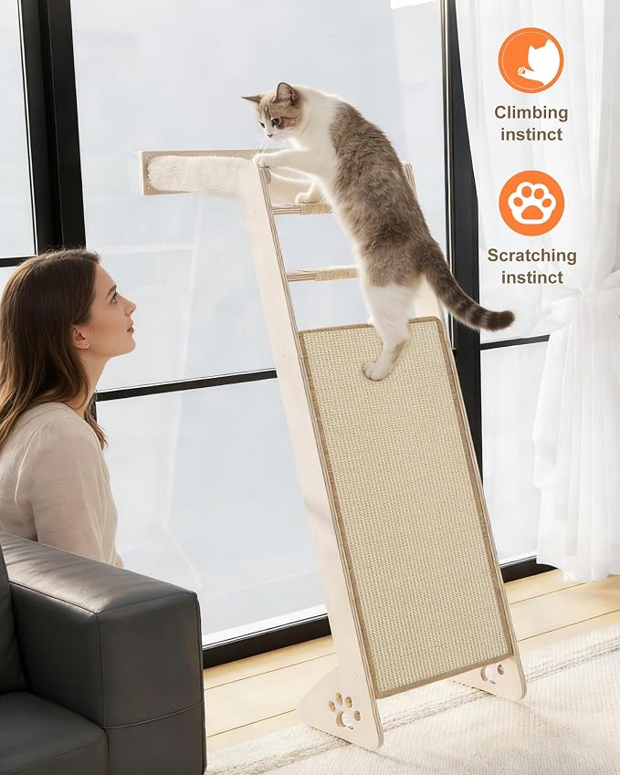 Cat Window Perch with Scratching Pad, 51'' Climbing Tree Include Hammock Cat Ladder with 2 Suction Cups for Sleeping, Playing and Watching Bird