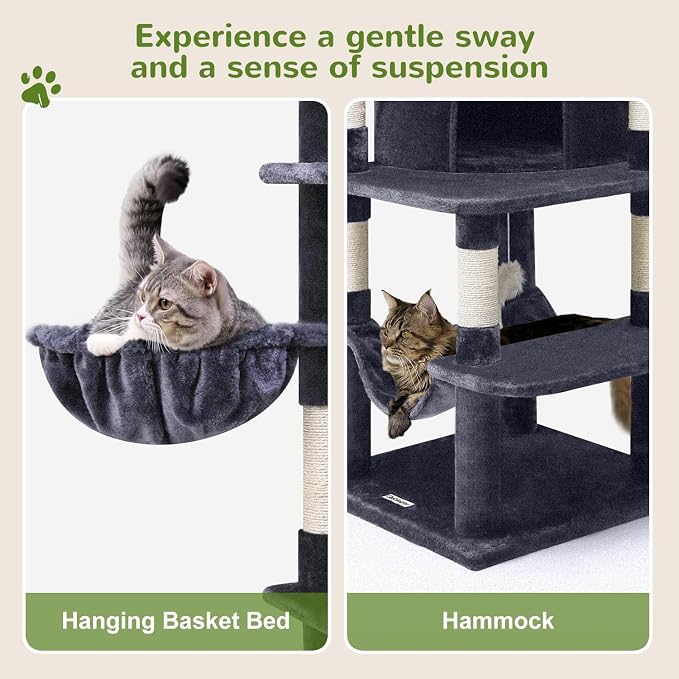Globlazer 66in Corner Cat Tree Tower for Indoor Large Cats, C66, Dark Grey | Space-Saving Stable Adult Cat Tower with 6 Scratching Posts, 2 Large Fan-shaped Condos & Top Perch, Hammock, Climbing Steps