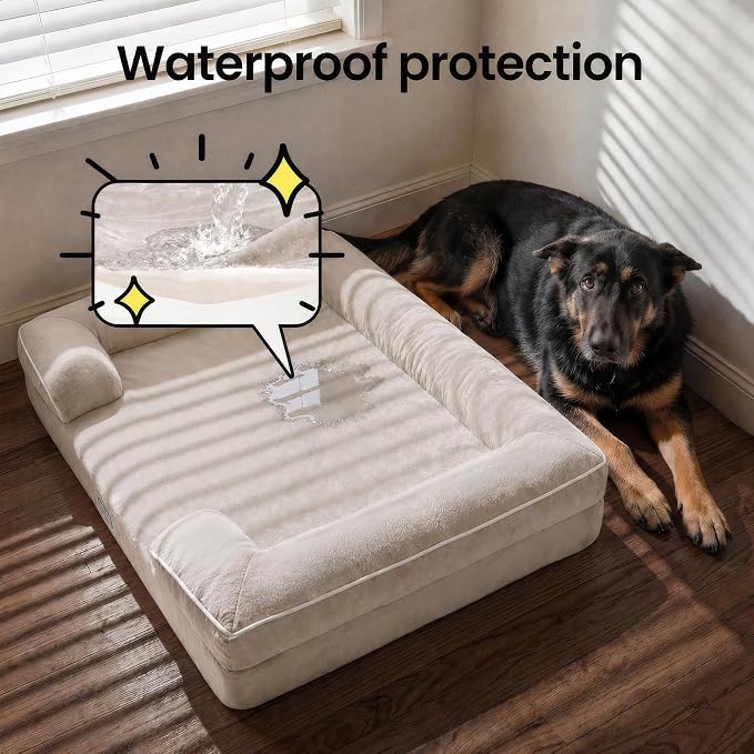 OhGeni Orthopedic Dog Bed Couch Big Cat Sofa for Extra Large Sized Pets with Memory Foam, Machine-Washable Waterproof Removable Cover, Soft Comfortable Fabric, 44-inch (Beige)