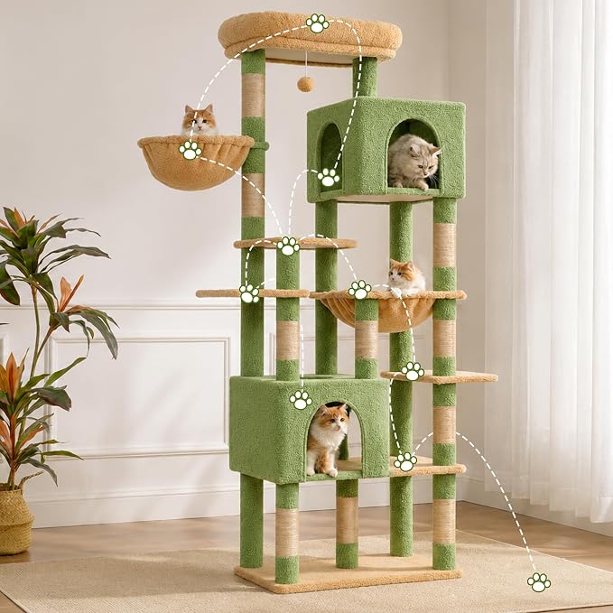 Heybly Cat Tree, 76-Inch Tall Heavy Duty Cat Tower for Big Cats HCT039GY | Multi-Level Large Cat Furniture with Extra Wide Baseboard, 2 Condos & 2 Hammocks, 10 Scratching Posts, Green and Yellow