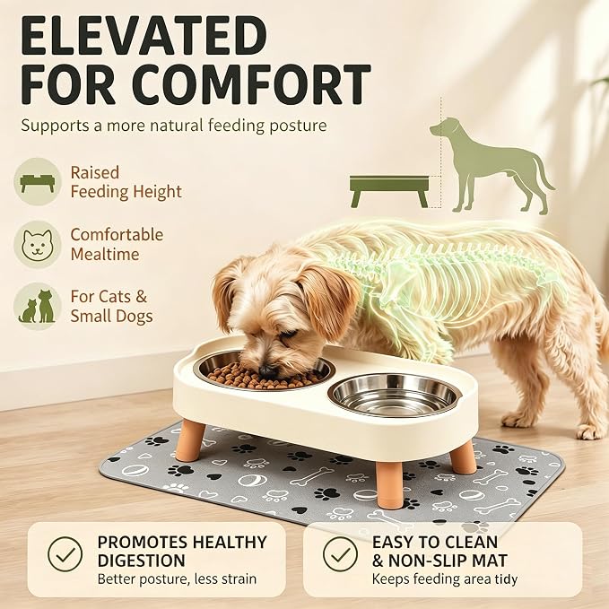 Elevated Dog Bowls with Mat, 2 Stainless Steel for Small Dogs Under 25 Lb | Raised Bowl Stand, Food & Water Set for Cats & Puppies, Splash Proof, Dishwasher Safe, Stain-Resistant Quick-Dry Mat